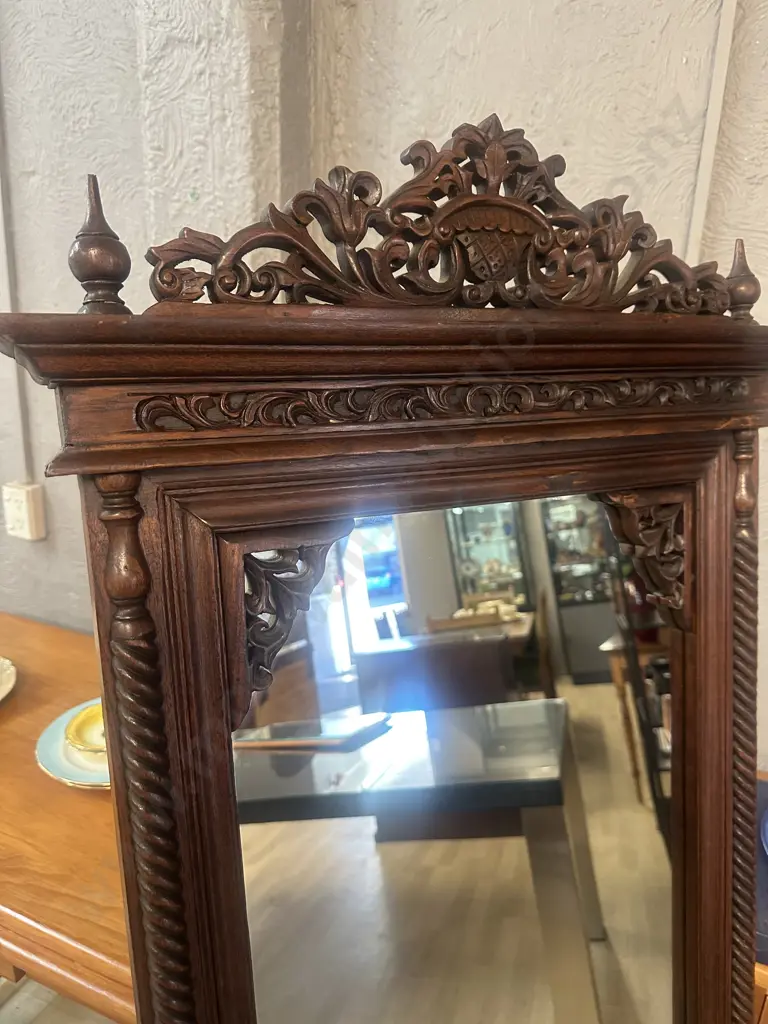Antique Style Carved Wooden Wall Mirror With Ornate Pierced Crest & Barley Twist Columns H105 W61cm. Image 1++