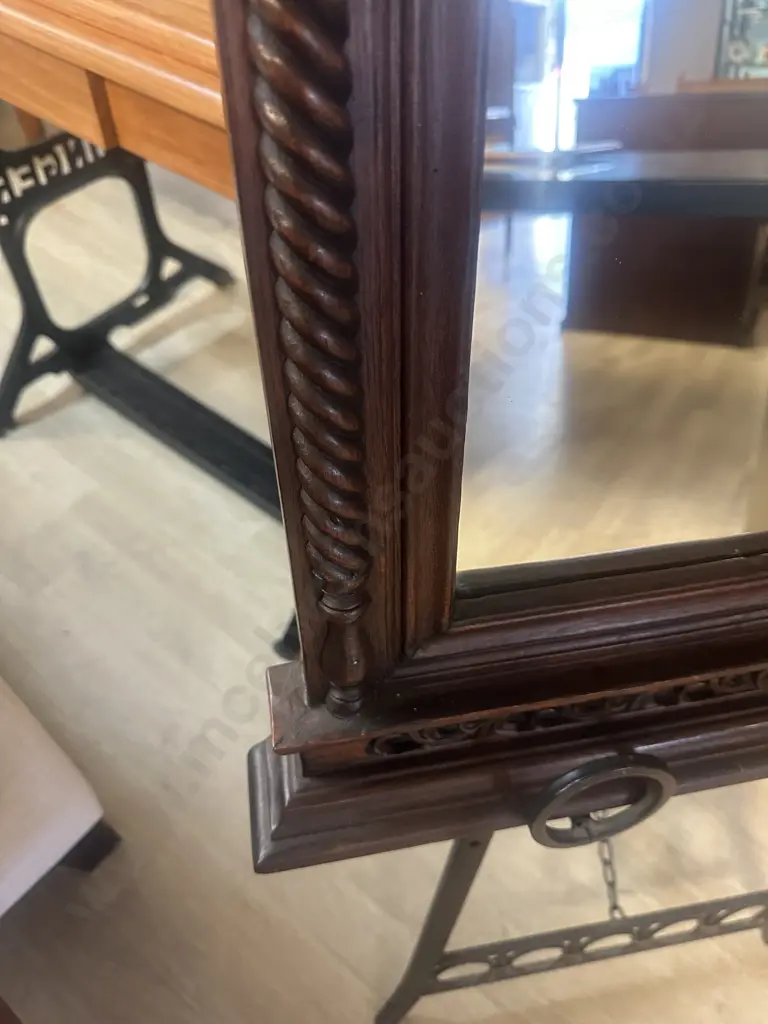 Antique Style Carved Wooden Wall Mirror With Ornate Pierced Crest & Barley Twist Columns H105 W61cm. Image 1++