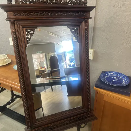 Antique Style Carved Wooden Wall Mirror With Ornate Pierced Crest & Barley Twist Columns H105 W61cm.