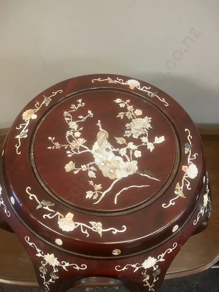 Chinese Rosewood Drum Stool With Peacock & Floral Inlaid Mother of Pearl Patterning. 34 x 39.5cm Image 1++