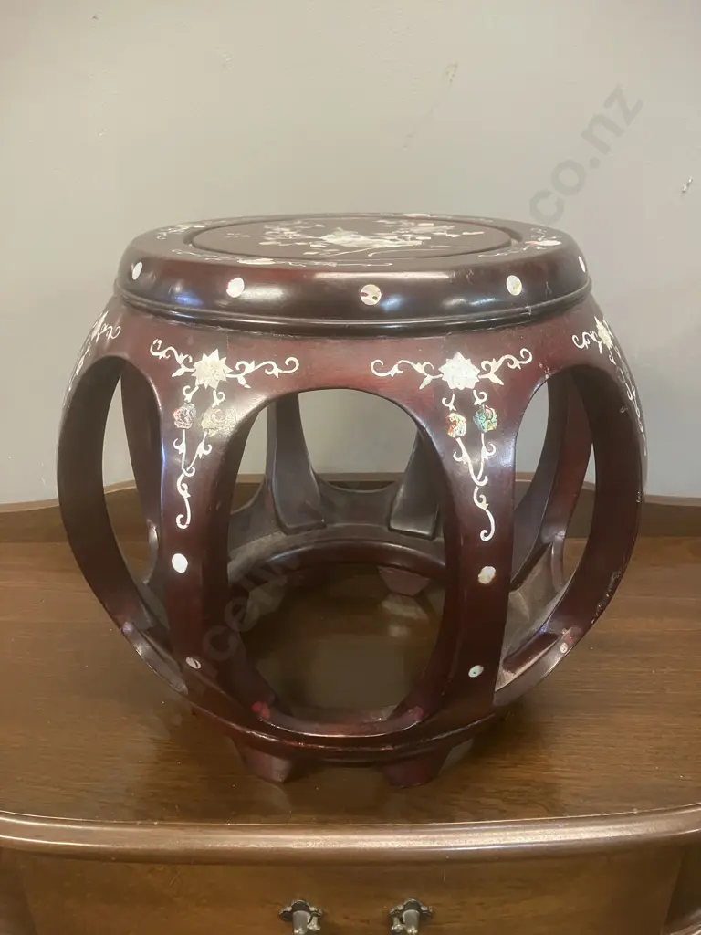 Chinese Rosewood Drum Stool With Peacock & Floral Inlaid Mother of Pearl Patterning. 34 x 39.5cm Image 1++