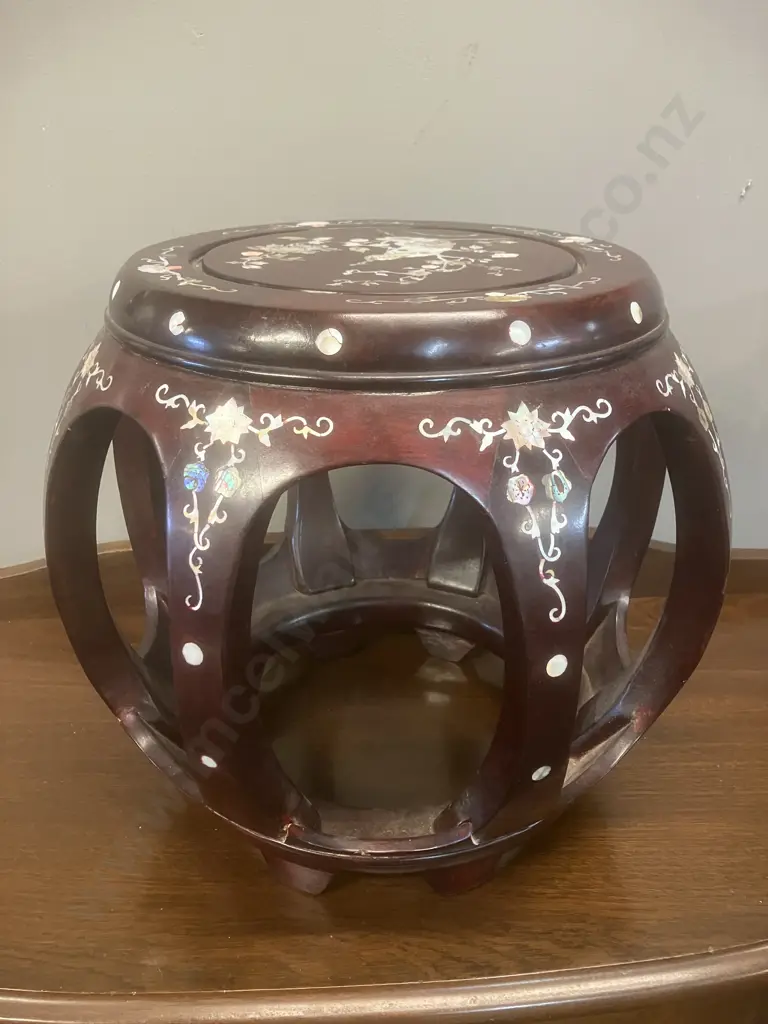 Chinese Rosewood Drum Stool With Peacock & Floral Inlaid Mother of Pearl Patterning. 34 x 39.5cm Image 1++