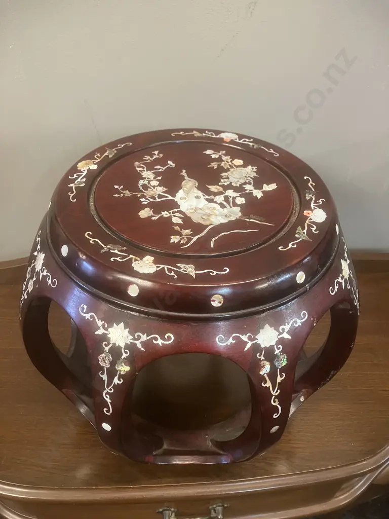 Chinese Rosewood Drum Stool With Peacock & Floral Inlaid Mother of Pearl Patterning. 34 x 39.5cm Image 1++