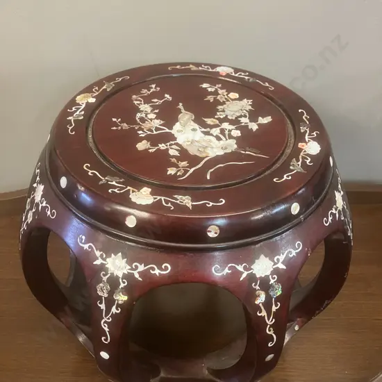 Chinese Rosewood Drum Stool With Peacock & Floral Inlaid Mother of Pearl Patterning. 34 x 39.5cm