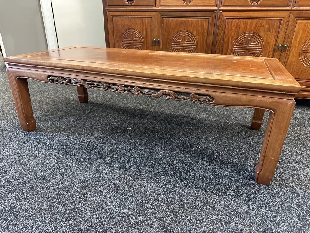 Vintage Rectangular Oriental Style Kang Table With Intricate Carved Detail On Sides H41 W127 D56cm. Image 1++