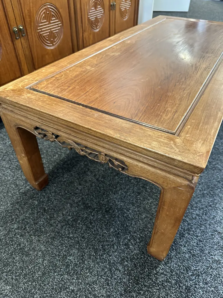 Vintage Rectangular Oriental Style Kang Table With Intricate Carved Detail On Sides H41 W127 D56cm. Image 1++