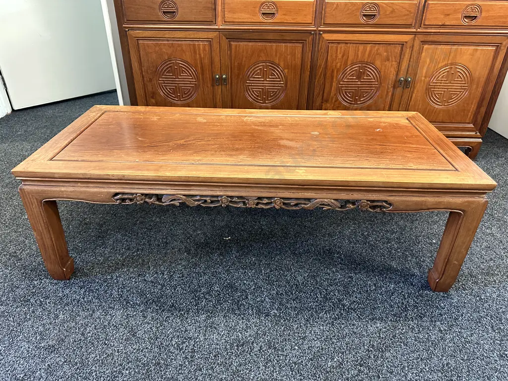 Vintage Rectangular Oriental Style Kang Table With Intricate Carved Detail On Sides H41 W127 D56cm. Image 1++