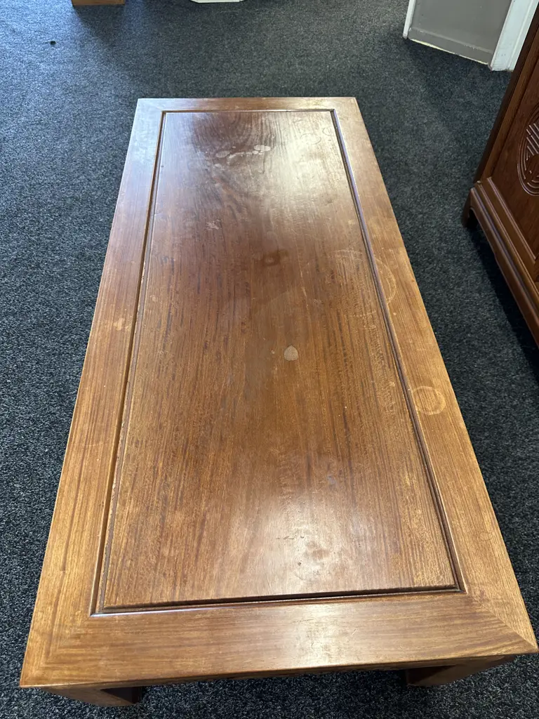 Vintage Rectangular Oriental Style Kang Table With Intricate Carved Detail On Sides H41 W127 D56cm. Image 1++