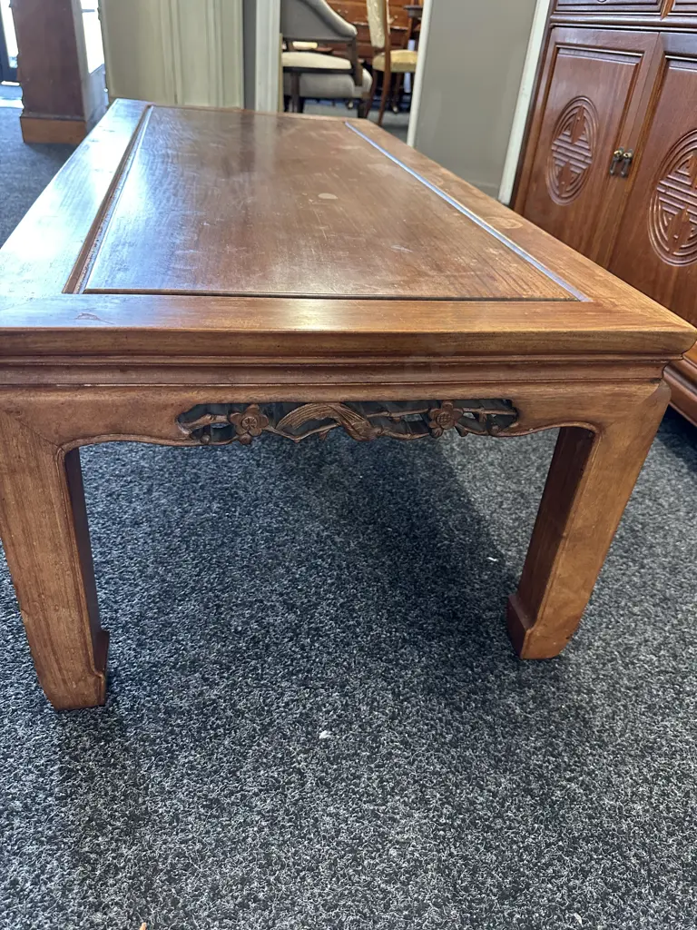Vintage Rectangular Oriental Style Kang Table With Intricate Carved Detail On Sides H41 W127 D56cm. Image 1++