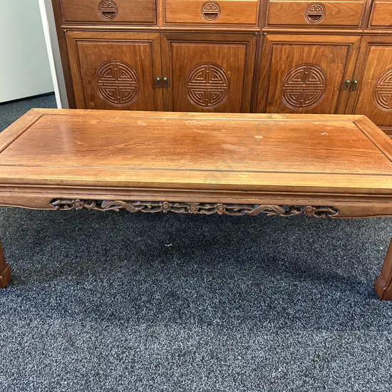 Vintage Rectangular Oriental Style Kang Table With Intricate Carved Detail On Sides H41 W127 D56cm.