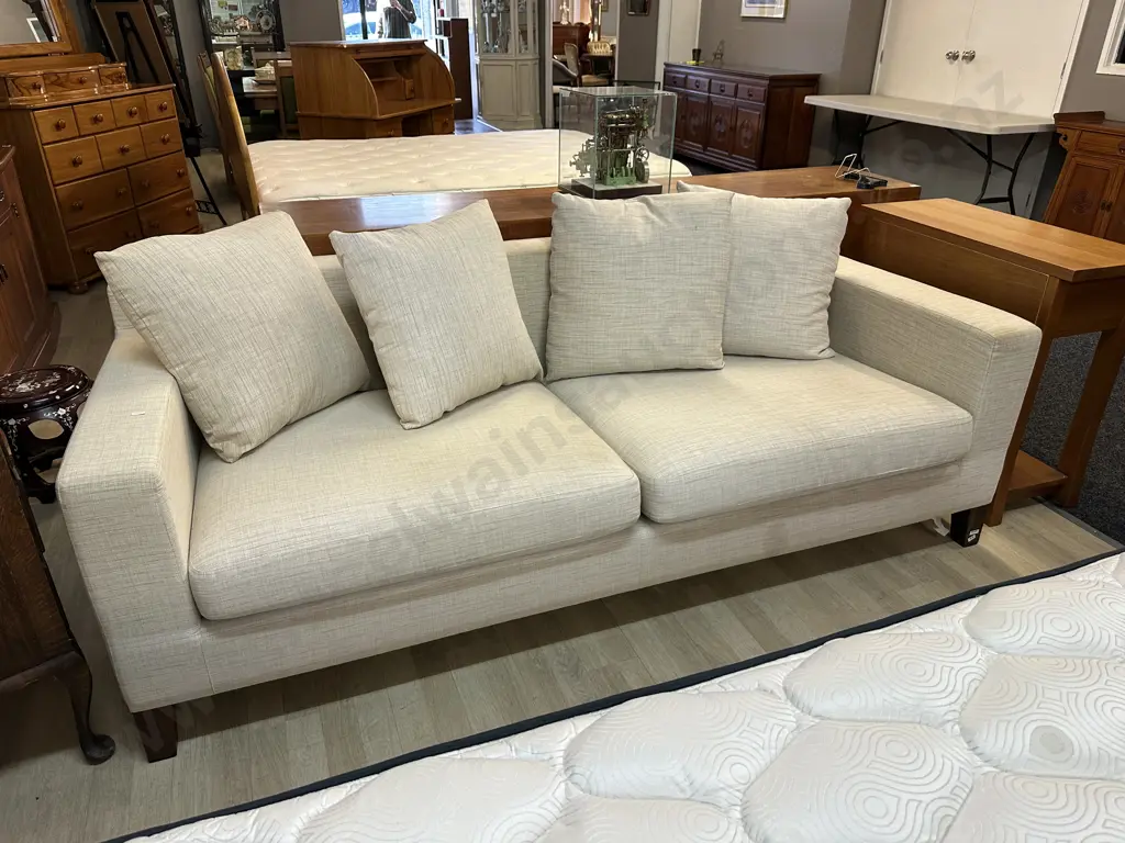 Large Linen Look Fabric Sofa With Dark Wooden Feet. H71 W213 D95cm Image 1++