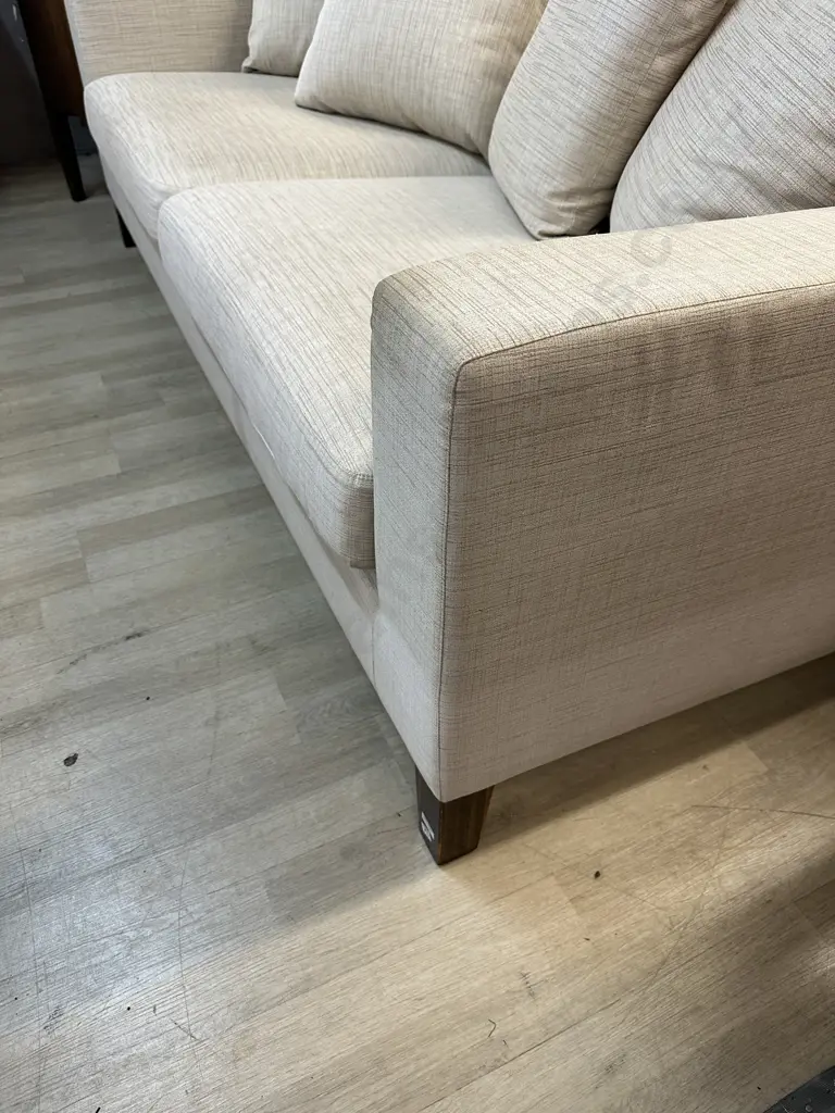 Large Linen Look Fabric Sofa With Dark Wooden Feet. H71 W213 D95cm Image 1++