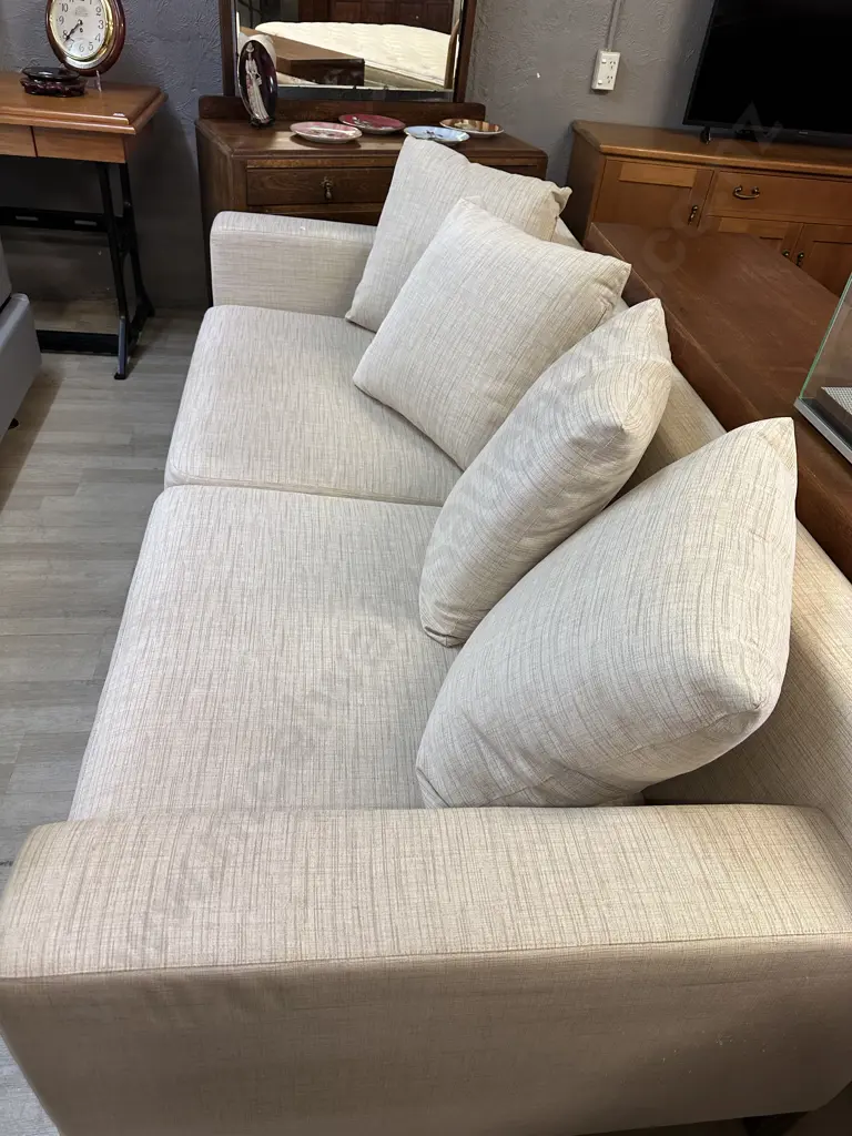 Large Linen Look Fabric Sofa With Dark Wooden Feet. H71 W213 D95cm Image 1++