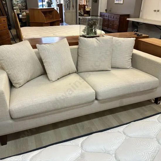 Large Linen Look Fabric Sofa With Dark Wooden Feet. H71 W213 D95cm