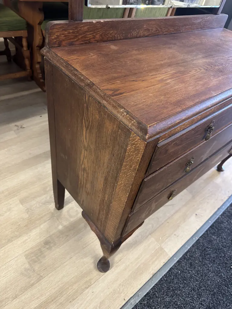 Antique Oak Dressing Table Four Drawers Bevelled Edge Mirror Drop Handles Cabriole Legs H149 W110 D44cm. Image 1++