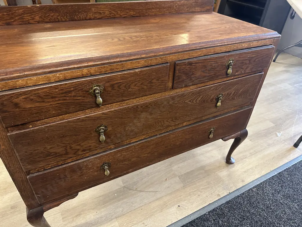 Antique Oak Dressing Table Four Drawers Bevelled Edge Mirror Drop Handles Cabriole Legs H149 W110 D44cm. Image 1++