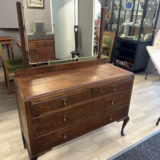 Antique Oak Dressing Table Four Drawers Bevelled Edge Mirror Drop Handles Cabriole Legs H149 W110 D44cm.