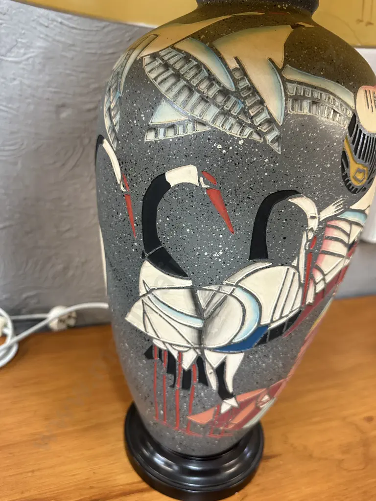 Decorative Mid Century Table Lamp Grey Base Conical Shade With Stylized Figures & Crane Motifs Image 1++