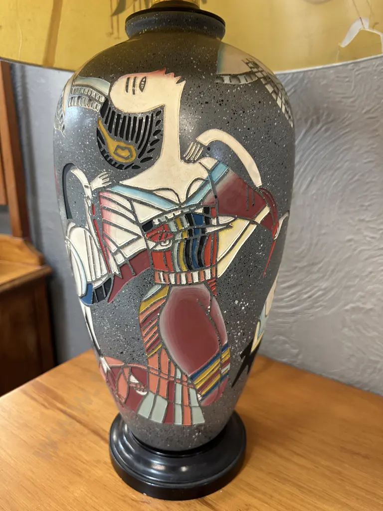 Decorative Mid Century Table Lamp Grey Base Conical Shade With Stylized Figures & Crane Motifs Image 1++