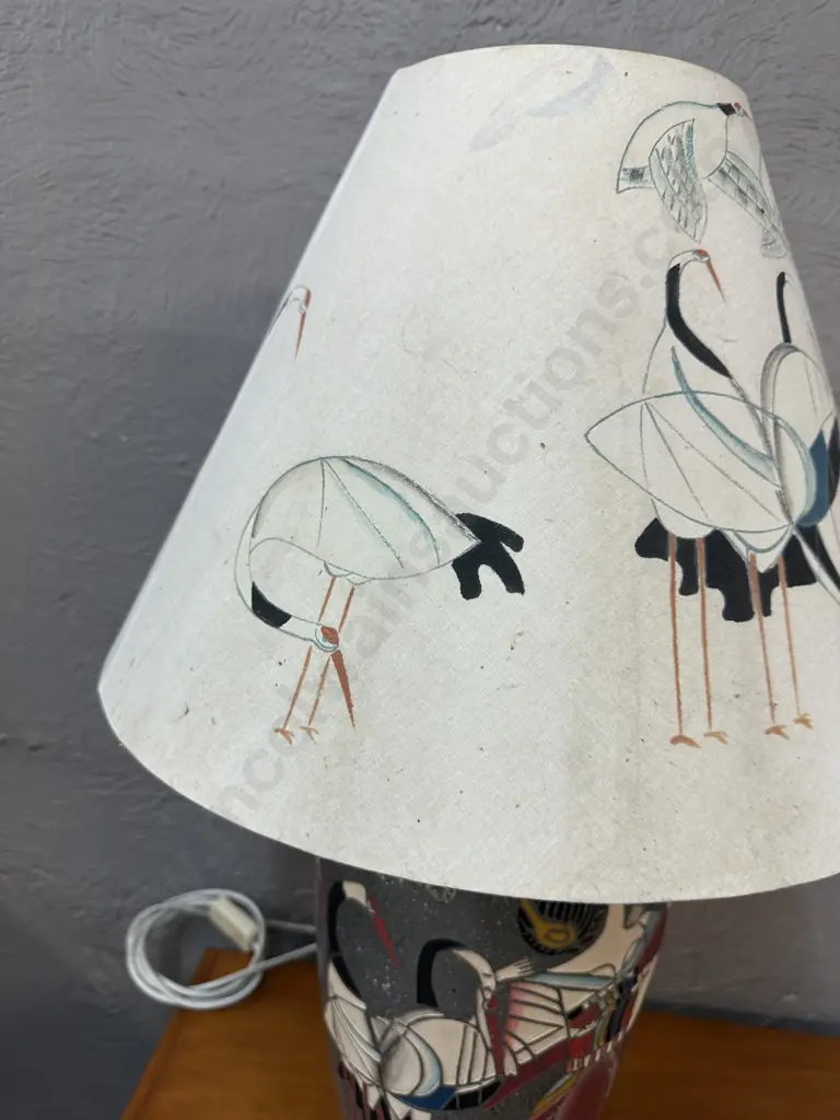 Decorative Mid Century Table Lamp Grey Base Conical Shade With Stylized Figures & Crane Motifs Image 1++
