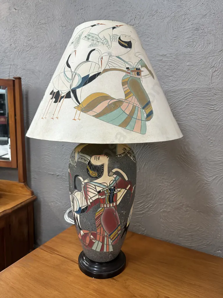 Decorative Mid Century Table Lamp Grey Base Conical Shade With Stylized Figures & Crane Motifs Image 1++
