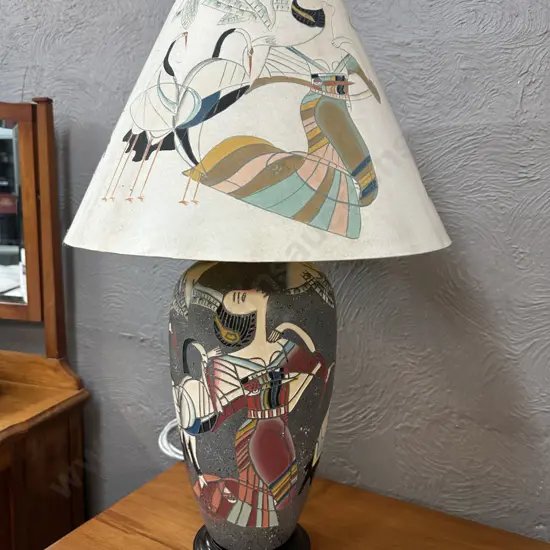 Decorative Mid Century Table Lamp Grey Base Conical Shade With Stylized Figures & Crane Motifs