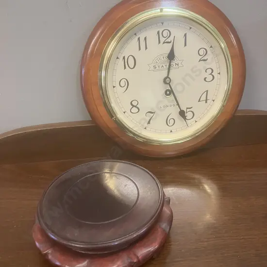 Chinese Carved Rosewood Lotus Form Vase Stand. 5 x 18cm With Round Wooden Victoria Station London 29cm Wall Clock