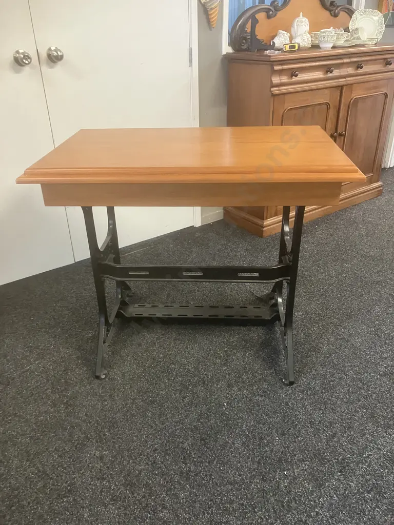 Solid Wood Single Drawer Console Table With Black Iron Singer Sewing Table Base. H80 W100 D60cm Image 1++