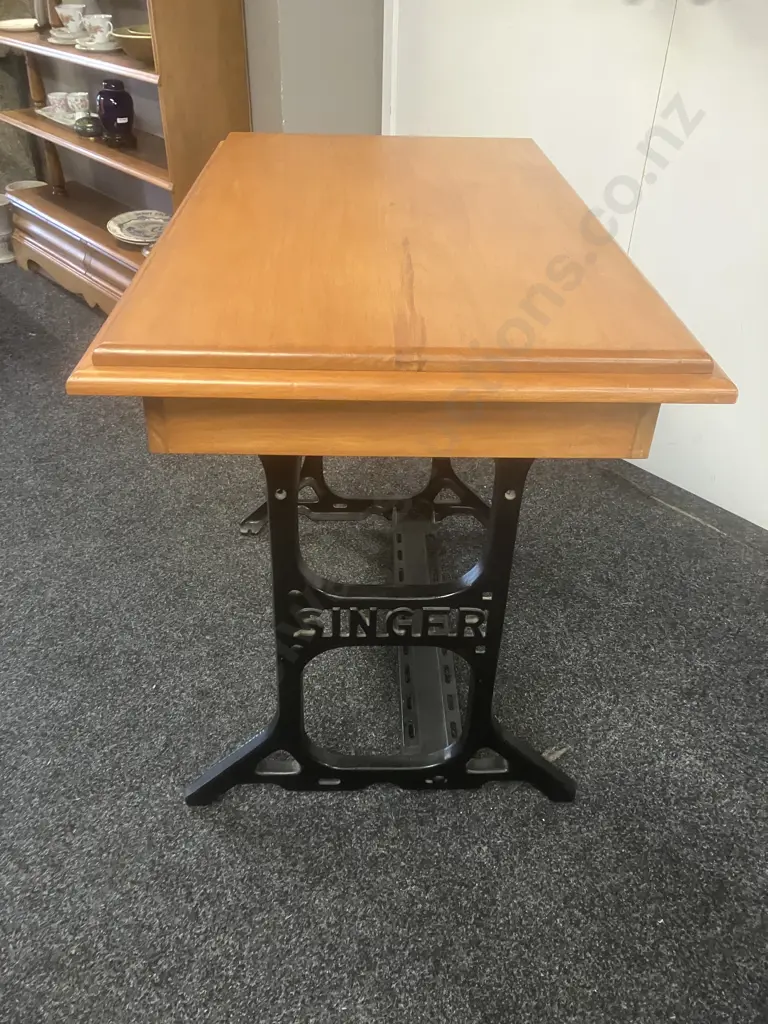 Solid Wood Single Drawer Console Table With Black Iron Singer Sewing Table Base. H80 W100 D60cm Image 1++