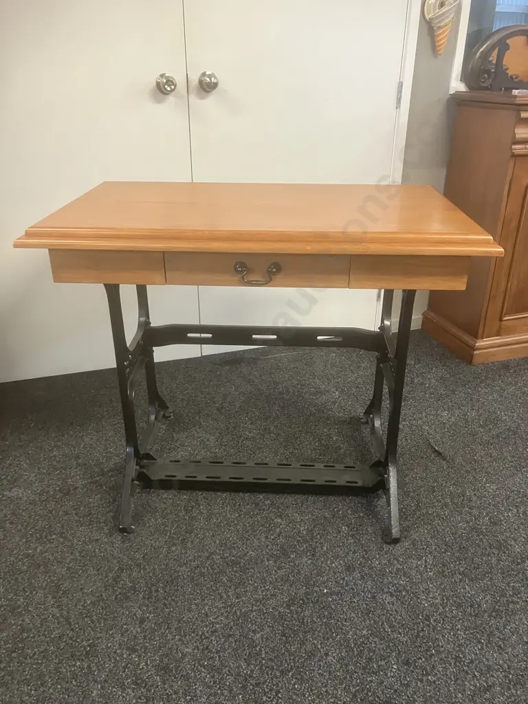 Solid Wood Single Drawer Console Table With Black Iron Singer Sewing Table Base. H80 W100 D60cm Image 1++