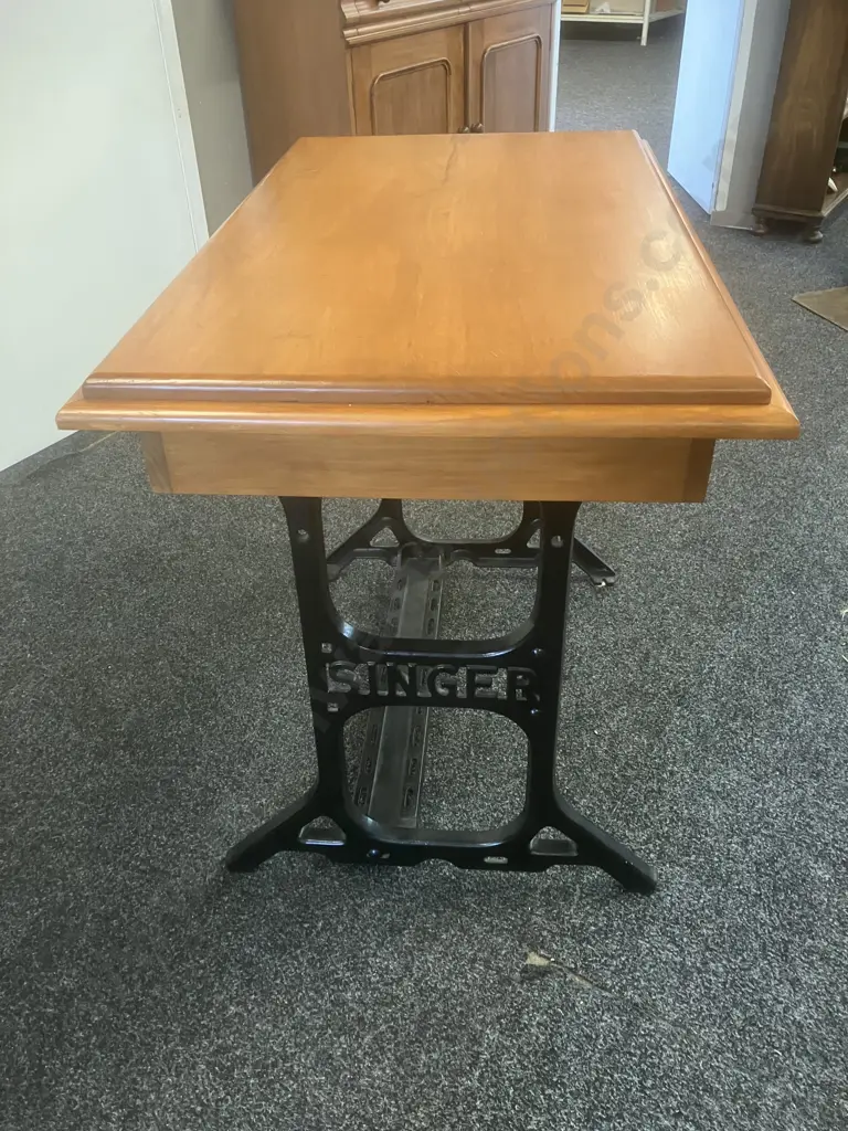 Solid Wood Single Drawer Console Table With Black Iron Singer Sewing Table Base. H80 W100 D60cm Image 1++
