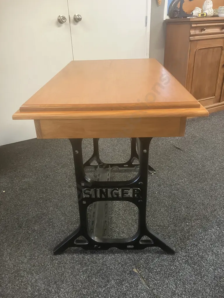Solid Wood Single Drawer Console Table With Black Iron Singer Sewing Table Base. H80 W100 D60cm Image 1++
