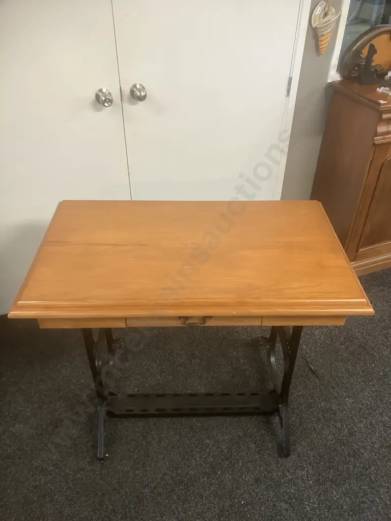 Solid Wood Single Drawer Console Table With Black Iron Singer Sewing Table Base. H80 W100 D60cm Image 1++