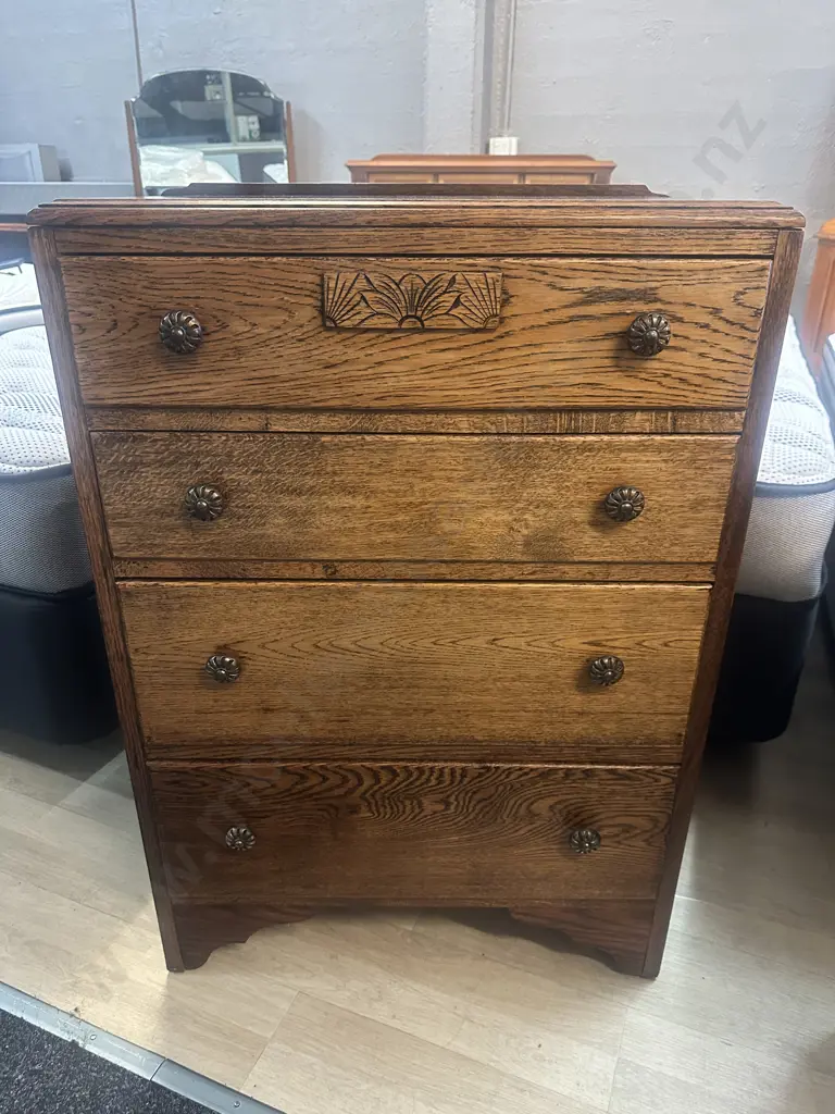 Art Deco Oak Chest Of Drawers Knob Handles H96 W65 D40cm. Image 1++