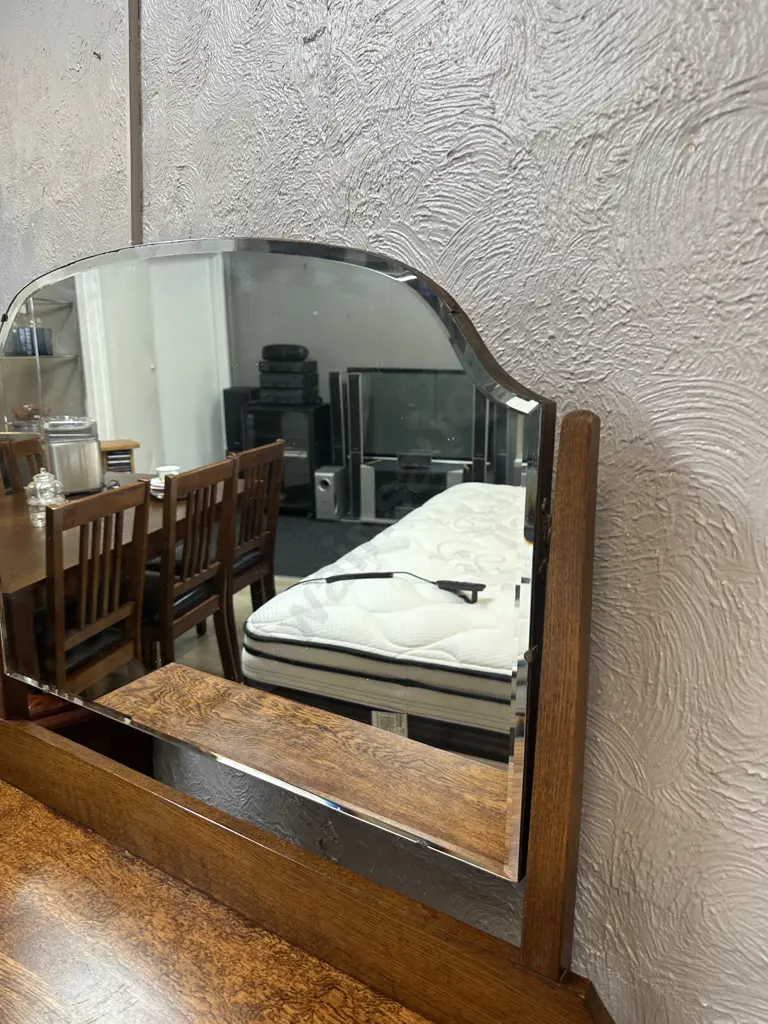 Antique Oak Three Drawer Dressing Table Bevelled Edge Mirror Cabriole Legs & Drop Handles Image 1++