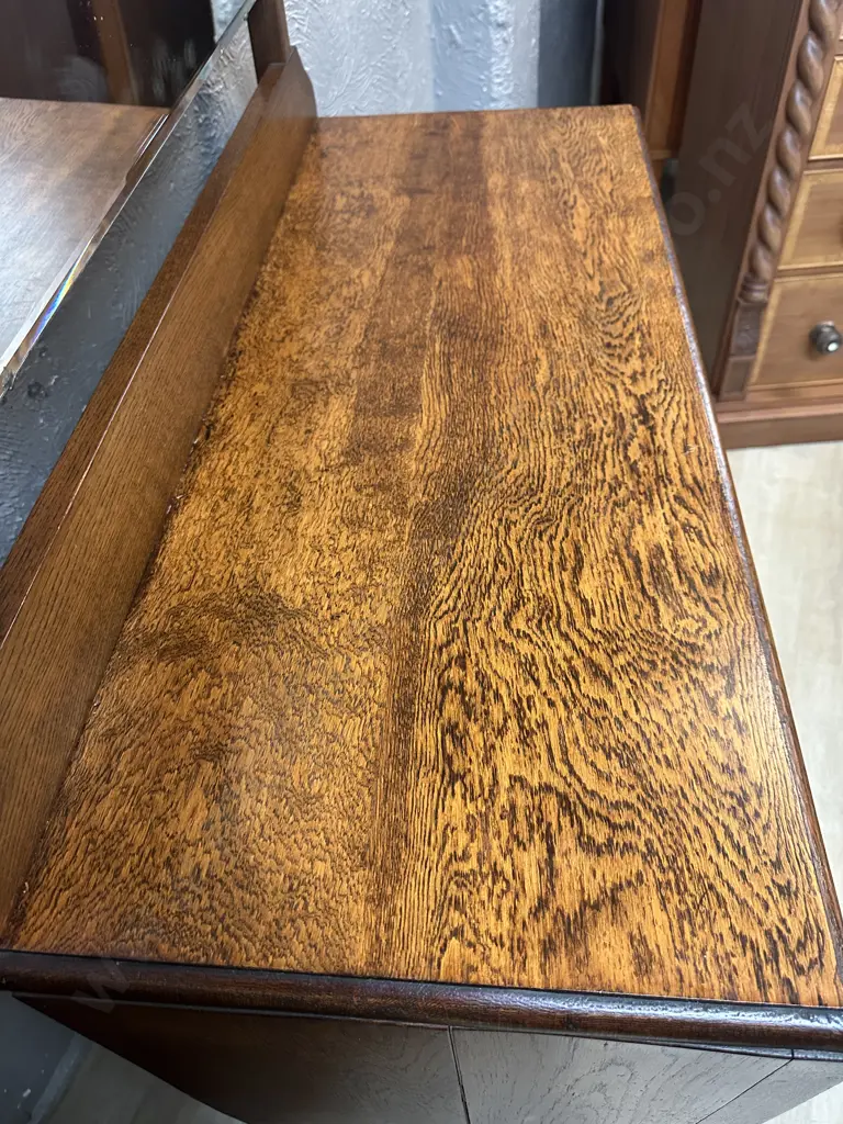 Antique Oak Three Drawer Dressing Table Bevelled Edge Mirror Cabriole Legs & Drop Handles Image 1++