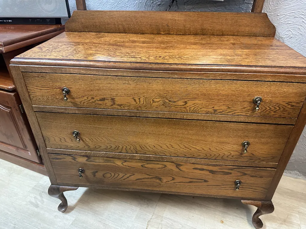 Antique Oak Three Drawer Dressing Table Bevelled Edge Mirror Cabriole Legs & Drop Handles Image 1++
