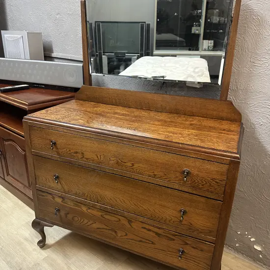 Antique Oak Three Drawer Dressing Table Bevelled Edge Mirror Cabriole Legs & Drop Handles