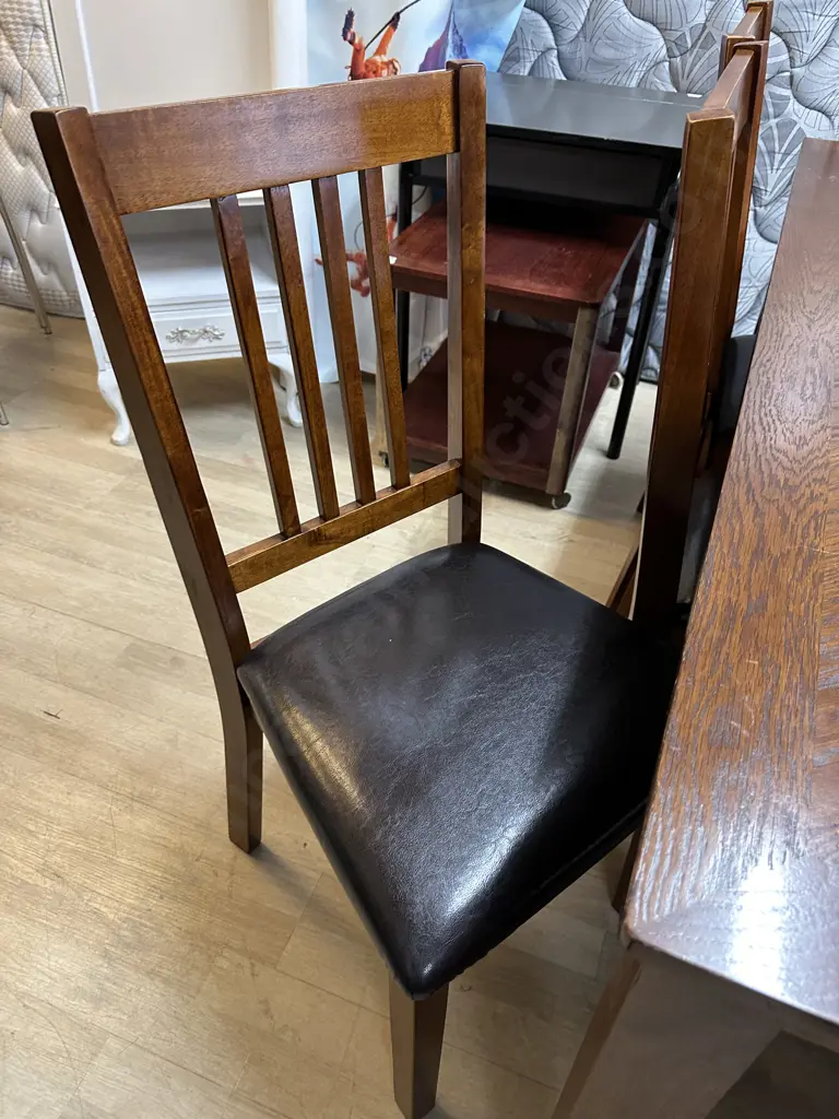 Oak Effect Rectangular Table With 6 Slat Back Dining Chairs With Black PU Leather Seats. H76 W152 D91.5cm Image 1++