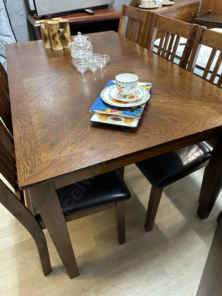 Oak Effect Rectangular Table With 6 Slat Back Dining Chairs With Black PU Leather Seats. H76 W152 D91.5cm Image 1++