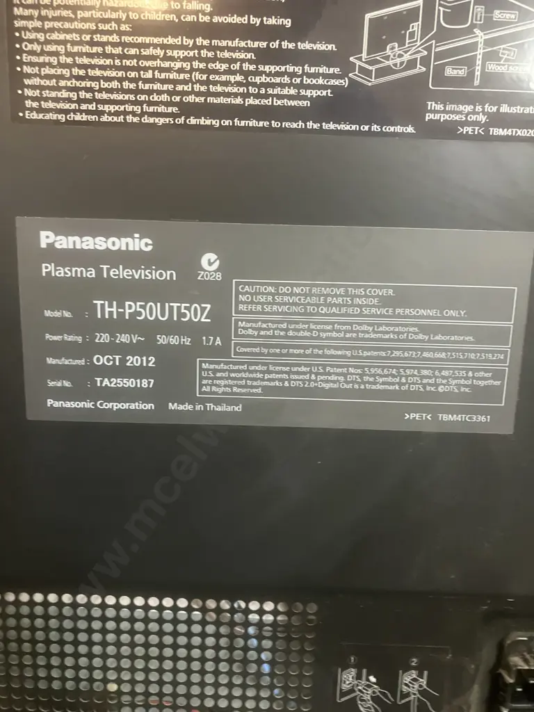 Panasonic Viera TH-P50UT50Z 50" Full HD Plasma Smart TV & Remote Control (No Stand),TV Stand & Assorted Electronics Image 1++