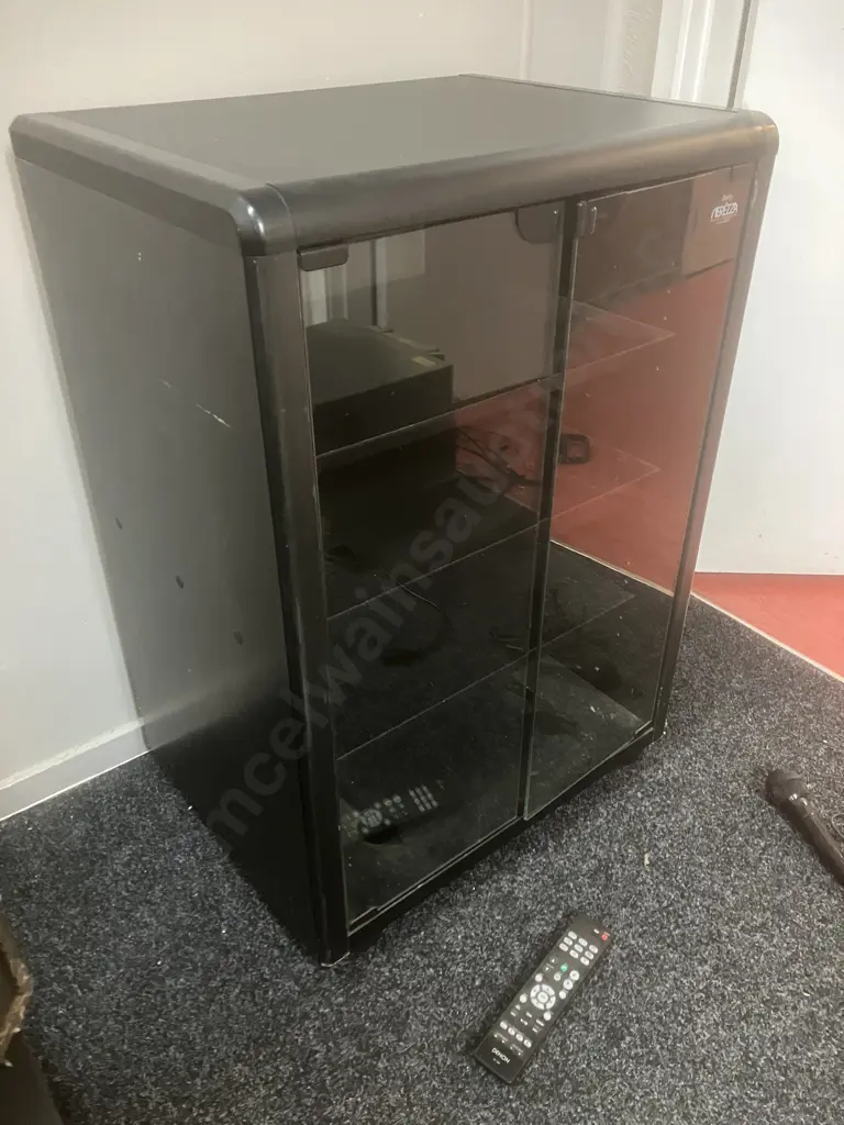 Shirai Sangyo Black Rolling Media Cabinet, Pioneer S-L77C Centre Speaker, Pioneer DV-380 DVD & Remote, Microphone Etc Image 1++