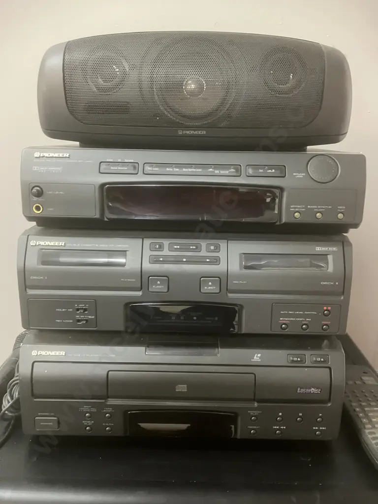 Shirai Sangyo Black Rolling Media Cabinet, Pioneer S-L77C Centre Speaker, Pioneer DV-380 DVD & Remote, Microphone Etc Image 1++