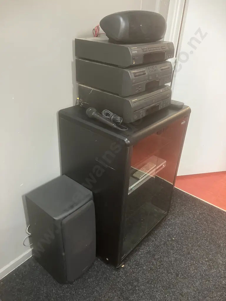 Shirai Sangyo Black Rolling Media Cabinet, Pioneer S-L77C Centre Speaker, Pioneer DV-380 DVD & Remote, Microphone Etc Image 1++