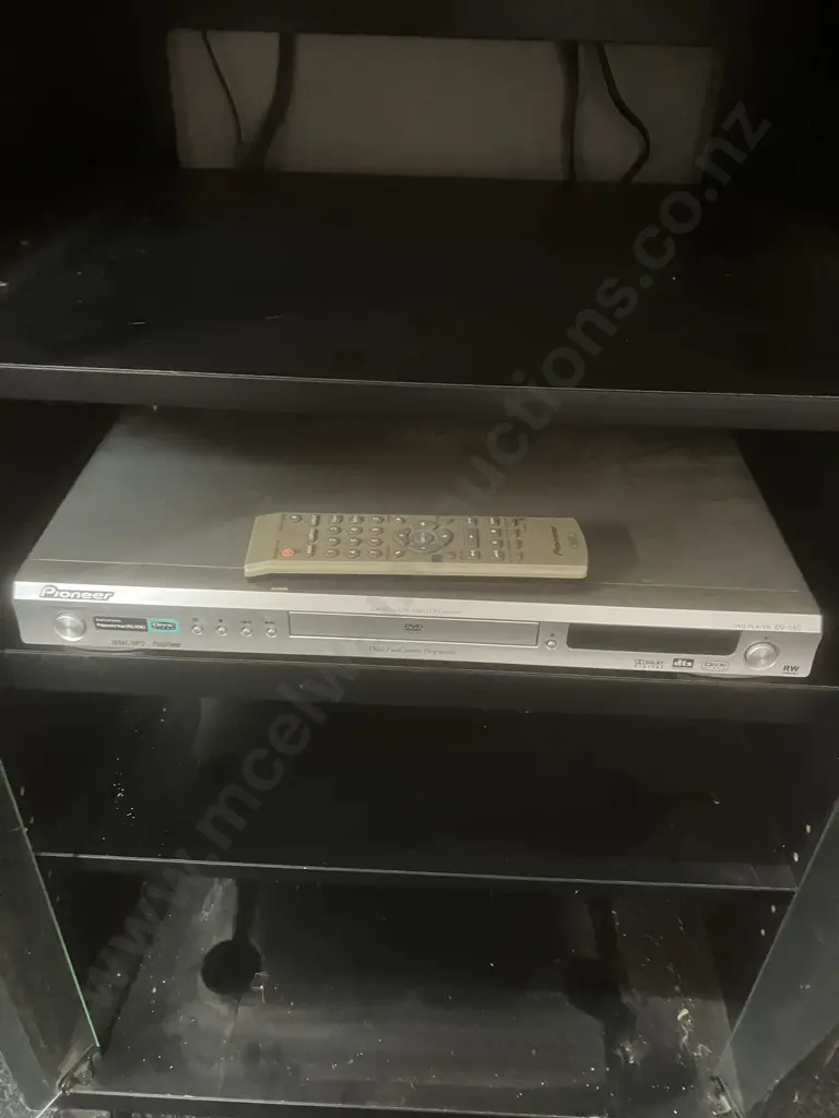 Shirai Sangyo Black Rolling Media Cabinet, Pioneer S-L77C Centre Speaker, Pioneer DV-380 DVD & Remote, Microphone Etc Image 1++