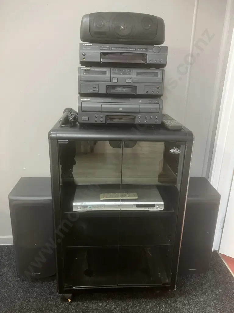 Shirai Sangyo Black Rolling Media Cabinet, Pioneer S-L77C Centre Speaker, Pioneer DV-380 DVD & Remote, Microphone Etc Image 1++