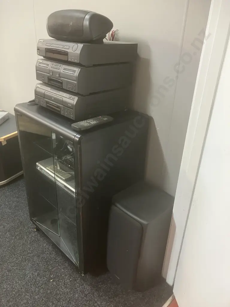 Shirai Sangyo Black Rolling Media Cabinet, Pioneer S-L77C Centre Speaker, Pioneer DV-380 DVD & Remote, Microphone Etc Image 1++