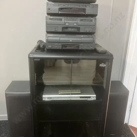 Shirai Sangyo Black Rolling Media Cabinet, Pioneer S-L77C Centre Speaker, Pioneer DV-380 DVD & Remote, Microphone Etc
