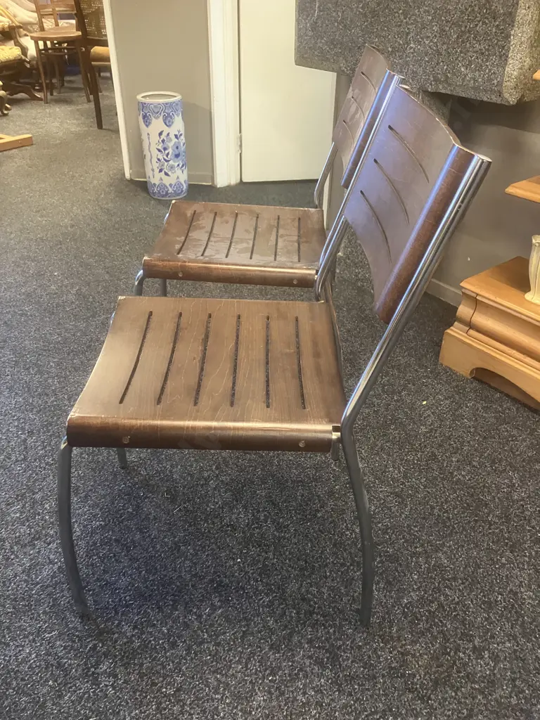Pair of Slatted Wood / Chromed Base Stacking Chairs Image 1++