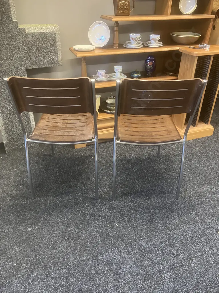 Pair of Slatted Wood / Chromed Base Stacking Chairs Image 1++